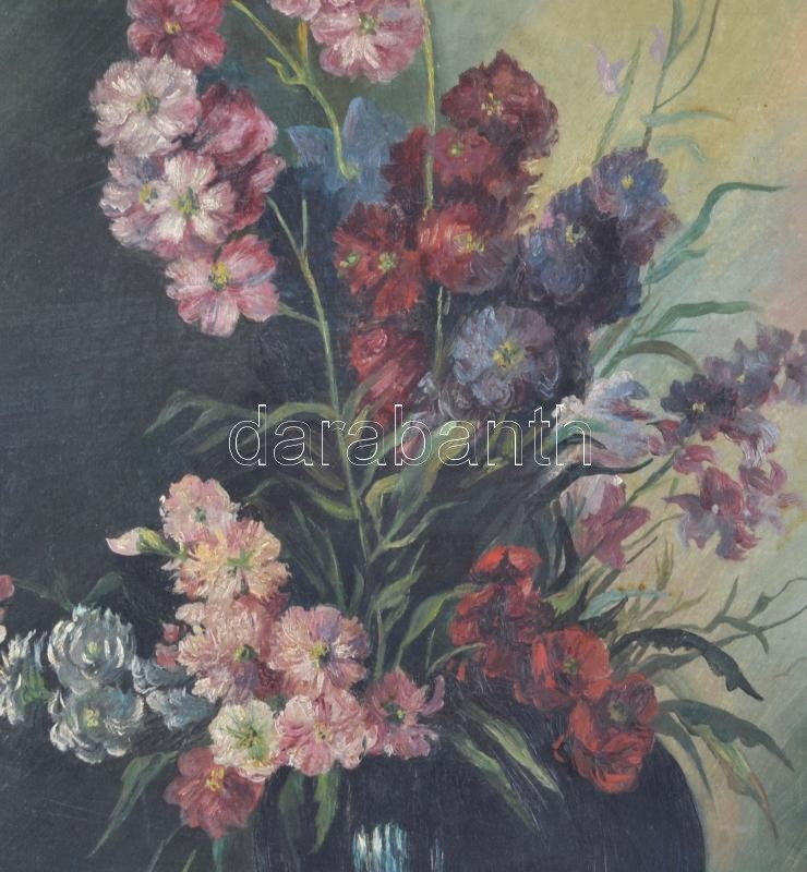 Jelzés nélkül, feltehetően XX. sz. első fele: Csendélet. Olaj, vászon. Kissé sérült. Dekoratív, sérült fakeretben. 84x50 cm. - Image 3