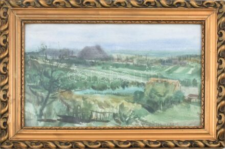 Sajó Gyula (1918-1989): Pécsi táj. Akvarell, papír, jelezve jobbra lent. Dekoratív, üvegezett, kissé sérült fakeretben. 29×45 cm