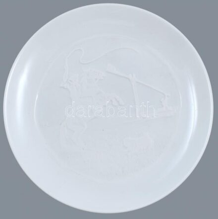 Herendi csikós porcelán fali tál, fehér mázas, hibátlan, eredeti dobozában, d: 15 cm