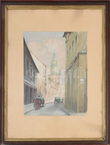 Olvashatatlan jelzéssel, XX. sz. magyar festő: Lovaskocsi és automobil. Akvarell, papír, kartonra kasírozva, 33x25 cm. Üvegezett, sérült fakeretben.