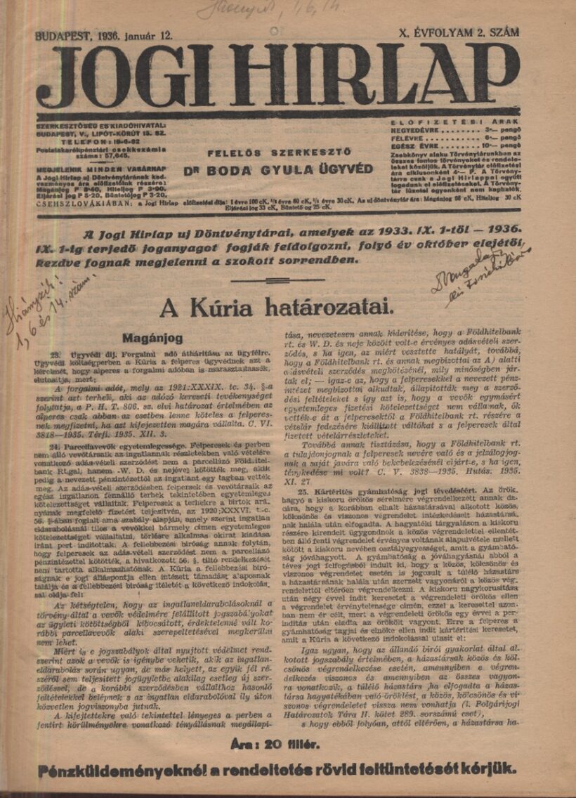 Folyóirat.Jogi Hírlap. 1936.  Folyóirat. Jogi Hírlap. 1936. XII. évf. Felelős szerk. Boda Gyula.
