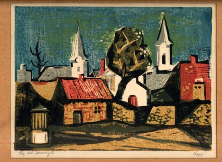 Hegyi György (1922 - 2001) Hegyi György (1922 - 2001): Szentendre. Táj két toronnyal. Szitanyomat. Jelzett.