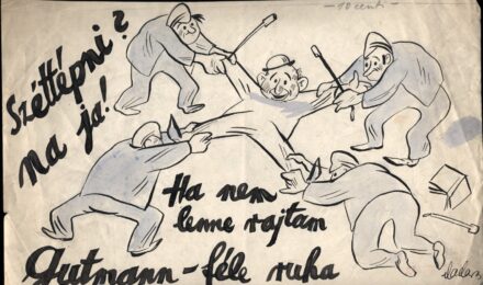 Karikatúra. Madaras László (1907-?) Karikatúra. Madaras László (1907-?): "Széttépni? Na ja! Ha nem lenne rajtam Gutmann-féle ruha." Papír, tus, jelzett.