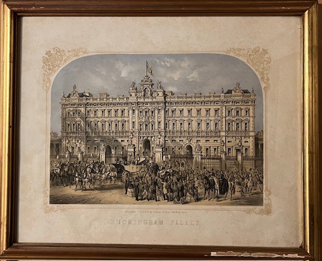 Dekoratív angol metszetek és litográfiák. Buckingham Palace, chromolitográfia. 19.század. Dekoratív angol metszetek és litográfiák. Buckingham Palace, chromolitográfia. 19.század.