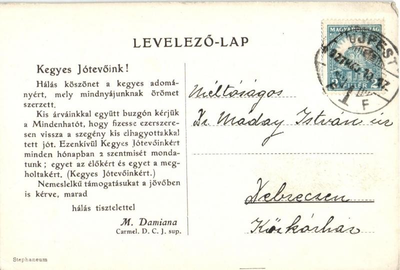 Budapest IV. Újpest, Megyer; Erzsébet tér, Szent József és Szent Teréz Otthon szegény gyerekek számára, támogatói köszönetnyilvánítás a hátoldalon (EK) - Image 2