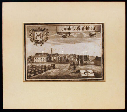 cca 1750 Schloss M. Aschbach, acél metszet, papír, paszpartuban, 12,5×17,5 cm / 1750 Schloss March Aschbuch steel engraving