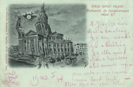 Budapest V. Váci körút este, humoros részeges lap. Kaufman F. kiadása (EK)