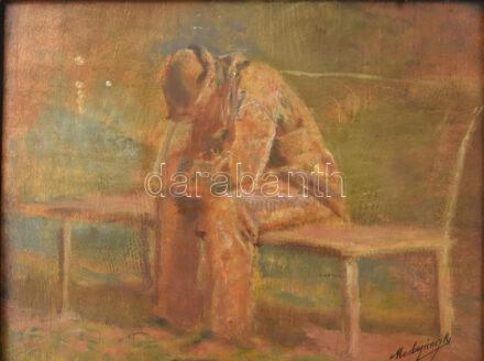 Báró Mednyánszky László (1852-1919): Csavargó. Olaj, fa. Jelezve jobbra lent: Mednyánszky. Reprodukálva: Artmagazin 35, 7. évf. 2009/5, 24. o. A festményt azonosította Bellák Gábor művészettörténész. 23x30 cm. Fakeretben. Mednyánszky László, a magyar művészettörténet egyik legnagyobb festőjének a csavargó portréi az életmű kiemelkedő jelentőséggel bíró alkotásai. Felvidéki arisztokrata család sarjaként a legfelső körökbe született, mégis egy ettől eltérő életmódot választott. Ő maga is egy a többségi társadalmon kívül álló emberként tekintett magára, a csavargásra létformaként, nem mint nagyúri hóbortra tekintett. Mednyánszky csavargókról készített, modellek után festett képei nem csak és elsősorban portrék, inkább alter egok, önarcképek, az identitását tükröző vallomások. Krúdy Gyula "Mednyánszky László, a csavargók bárója" c. írásában a következőket jegyezte le Mednyánszkyról: "(...) Valóban csavargó híre volt az ország egyik legnagyobb festőművészének, mert a közfelfogás szerint az emberek nem szoktak különbséget tenni a céltalanul lengedező vándorlegény, vagy pedig a nemes ideálokkal bolyongó apostolok között. Már a ruházkodásában sem akart ama bársonykabátos, Lavalliére-nyakkendős, palettás piktorokhoz hasonlítani, amilyennek a divatlap ábrázolta a festékkenegetőt. Mindig olyan rongyos volt (mondjuk meg áperte), hogy a műárusa ijedtében összecsapta a kezét (pedig nem volt valami ijedős ember az öregúr): Nem tartóztatták le az utcán, báró úr? (...) De a házzal szemközt levő kocsmában is mindig olyan emberek vártak Mednyánszkyra, akik azzal fizettek az elfoglalt helyért, hogy a báró megígérte nekik, majd értük jön. (Bámulatos emberek, akiket Mednyánszky csavargó-képein láttunk viszont.) (..) A körötte mendegélő világ annyira sem érdekelte, mint ahogy egy viharvert, száműzött fát, amely valahogyan távolabb került a többiektől, nem olvas újságot, nem hallja meg az erdei bokrok beszélgetését. Az orvosok, akik az egészség problémáit a legismeretlenebb életszakadékokban is szívesen felkeresik: azt mondják felőle, hogy nem volt normális ember, mint akár a jégsapkás Munkácsy Mihály sem. A filozófusok, akik szeretnék a világot mindig a maguk kötőtűire szedni, hogy majd aztán unottan legombolyíthassák, mint egy harisnyát: azt mondják, hogy nem mindennapi bölcsességű ember volt, mert végeredményében úgy élt, ahogyan akart. (...) / László Mednyánszky, Ladislav Medňanský (1852-1919): Hobo. Oil on wood. Signed lower right: Mednyánszky. Reproduced: Artmagazin 35, 2009/5, page 24. The painting was identified by art historian Gábor Bellák. 23x30 cm.