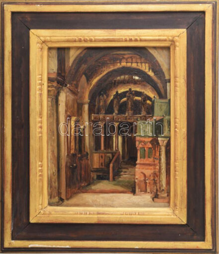 Feszty Árpád (1856-1914): Templom belseje. Olaj, fatábla, jelzés nélkül. Hátoldalán Feszty Masa (1895-1979), Feszty Árpád lányának igazolásával 1971-ből. Dekoratív, kissé sérült fakeretben, 29,5×22 cm / Árpád Feszty (1856-1914): Church. Oil on wood, unsigned. With written certificate of authenticity by Árpád Feszty's daughter, Masa Feszty on the reverse.