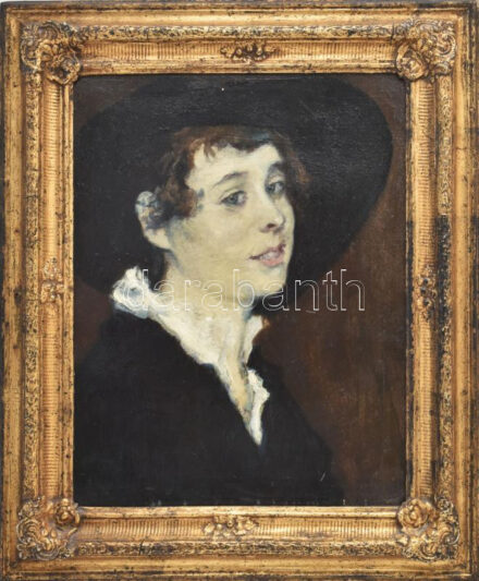 Berkes Antal (1874-1938): Berkes Ilona kalapos arcképe. Olaj, karton. Jelezve jobbra lent. 42x32,5 cm. Dekoratív, kissé kopott fakeretben.