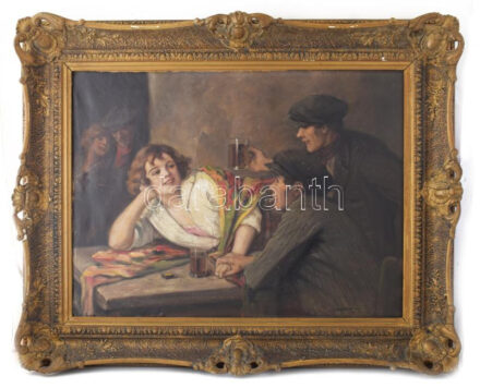 Geiger Richárd (1870-1945): Jelenet hölgyekkel. Olaj, vászon, jelezve jobbra lent 60×80 cm. Apró felületi karcolásokkal. Dekoratív, kissé sérült fakeretben. / Richárd Geiger (1870-1945): Scene with women. Oil on canvas, signed, framed, 60x80 cm. With minor scratches on the surface. Painter Richárd Geiger was born in Vienna (Wien), Austria and moved to Budapest in