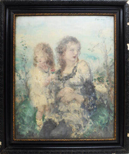 Náray Aurél (1883-1948): Anya gyermekével. Olaj, vászon. Jelezve jobbra fent. Dekoratív, üvegezett, kissé sérült fakeretben. 70x55,5 cm / oil on canvas, signed, framed