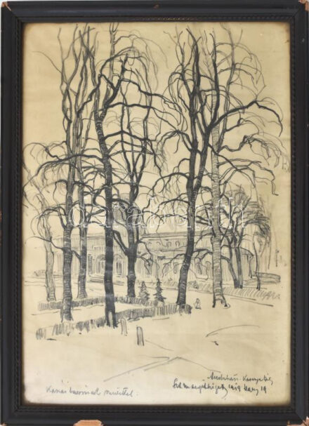 Andaházi Kasnya Béla (1888-1981): Margit-szigeti részlet, 1919. Ceruza, papír, jelzett, Andaházi Kasnya Béla autográf ajándékozási soraival, üvegezett fakeretben, 33,5×25,5 cm / pencil on paper, signed, framed