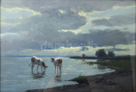 Edvi Illés Aladár (1870-1958): Balatonpart tehenekkel. Olaj, vászon. Jelezve jobbra lent. Dekoratív, üvegezett fakeretben. 35x53 cm / oil on canvas, signed, framed