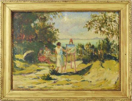 Guzsik Ödön (1902-1954): Festőnők a szabadban. Olaj, karton, jelezve jobbra lent, apró felületi sérülésekkel. Dekoratív, javított fakeretben. 40×50 cm