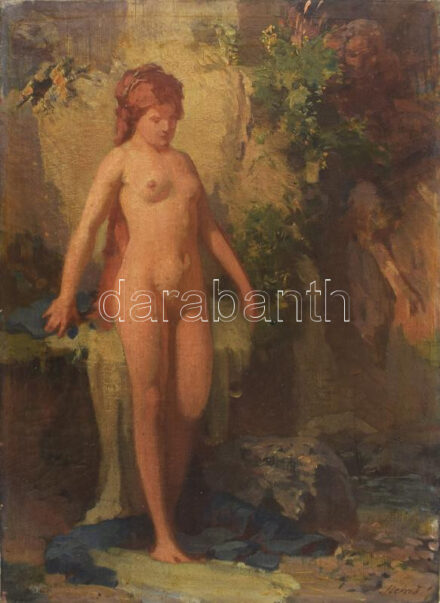 Stein János Gábor (1874-1944): Női akt (Zsuzsanna és a vének). Olaj, vászon, jelezve jobbra lent, 40×30 cm / Stein János Gábor (1874-1944), born in Kolozsvár/Cluj: Female nude. Oil on canvas, signed, 40×30 cm