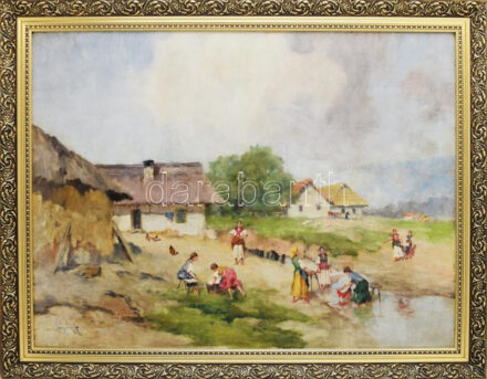 Neogrády Antal (1861-1942): Mosónők. Olaj, vászon, jelezve balra lent. Dekoratív fakeretben, 60×80 cm / oil on canvas, signed, framed