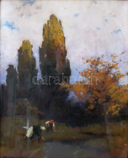Komáromi Kacz Endre (1880-1969): Lányok a mezőn. Olaj, falemez. Jelezve balra lent. Dekoratív, üvegezett fakeretben. 50x40 cm.