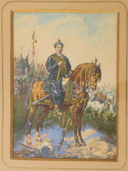 Juliusz Kossák (1824-?): Báthory István erdélyi fejdelem és lengyel király lovon. Akvarell, papír, jelezve jobbra lent. 14x10 cm. Üvegezett fakeretben.