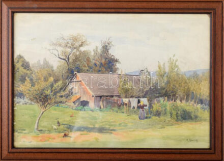 Ernst Graner (1865-1943): Ruhaszárítás. Akvarell, papír, jelzett. Üvegezett fakeretben, 33×47,5 cm /