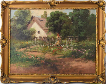 Neogrády László (1896-1962): Hazafelé. Olaj, vászon, jelzett. Dekoratív, kissé sérült fa keretben. 60×80 cm / László Neogrády (1896-1962): On the way home. Oil on canvas, signed. Framed. 60x80 cm