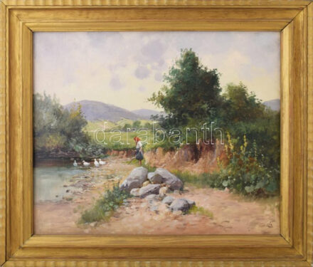 Zorkóczy Gyula (1873-1932): Libapásztorlány. Olaj, vászon, jelzett. Dekoratív fakeretben, 50×60 cm