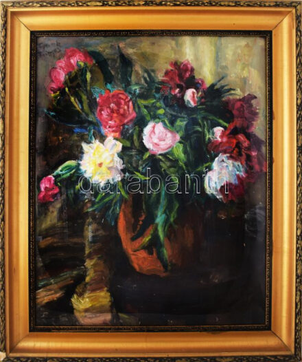 Frank Frigyes (1890-1976): Csendélet. Olaj, vászon, jelezve balra fent. Dekoratív, üvegezett, kissé sérült fakeretben, 70×60,5 cm