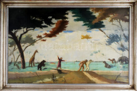 Fényes Adolf (1867-1945): Kiűzetés a paradicsomból. Olaj, vászon, jelzés nélkül. 55x87 cm. Hátoldalán Képzőművészeti Alap címkéjével. Qualitas Galéria attestjével. megemlítve: Oelmacher Anna: Fényes Adolf, 1962, 21. o. Fakeretben. Dublírozott.