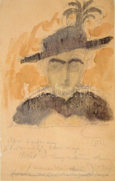 Rippl-Rónai József (1861-1927): Hölgy kalapban (Mrs. Hartmann), Vevey, 1915. Ceruza, akvarell, papír, jelezve jobbra lent RR. Lap alján Rippl-Rónai József autográf feliratával: "Mrs Hartmann. Podmanitzky báró napa. Hotel d'Angleterre Vevey. (amerikai asszony) 1915" Proveniencia: Vásárlás a budapesti Piktúra Galériában. A rajzot azonosította Rum Attila művészettörténész. 13,5x7 cm. Üvegezett fakeretben. Rippl-Rónai József 1914 nyarán, az I. világháború kitörése idején internálták Franciaországban. Szabadulása után különböző svájci településeken tartózkodott, mielőtt hazatért volna Magyarországra. Az időszakban készült műveiből tárlatot rendeztek az Ernst Múzeumban 1915-ben, amelyről a Művészet c. folyóiratban Dömötör István számolt be: " (...) A kiállítás e kikapott darabjain kívül, még jobban hivatkozhatunk a gyűjtemény egészére amely az Ernst-muzeum termeit szorongásig megtöltötte, s amelynek csak kevés darabja készült itthon, azóta, hogy Rippl-Rónai Svájc Vevey nevű városkájából megjött. Rippl-Rónai mindig termékeny művész volt. Nem a hamar kifáradó, énervait, nehezen vajúdó alkotók közül való. Alig hisszük azonban, hogy egy esztendő leforgása alatt, más körülmények közt többet produkált volna annál, mint amit dús és szuverén talentuma most sorakoztatott együvé, Issy L'Eveque, Macon, Chartreus, Vevey aláírású rajzokban és festményekben. Aki végignézte a kiállítást, örvendve láthatta továbbá, hogy a művészt nem hagyta el régi, aranyat érő humora és elméssége. Képeinek elnevezése mindig sajátos volt, valamikor vörös posztóként ingerelte az akadémikus ízlést, de ez a stilizáló hajlandóság soha nem virágzott különbül, mint most, azokban az egyéni zamatú jegyzetekben amelyek rajzlapra írva egy-egy rajz modelljét, keletkezését kommentálják (...) Valószínűleg két oka van annak, hogy Rippl-Rónai művei közt ezúttal a grafika foglalta el a trónt, hogy néhány portré-festmény mellett rajzok vésődtek legjobban emlékezetünkbe. Az egyik az a külső momentum, hogy a művész, franciaországi időzése alatt, nem válogathatott tetszése szerint technikai eszközökben. Meg kellett elégedni a zsebben hordható ceruzával és tollszárral, annak is a vastagabb végével. A másik ok a művész körül hullámzó, különös ritmusú élet, amely őt magát is meglepő szituációkba sodorta, tele volt a szinek, formák, arcok és gesztusok mozgalmasságával, az idegek, a légkör feszültségével. (...)"/ pencil and watercolour on paper, signed,