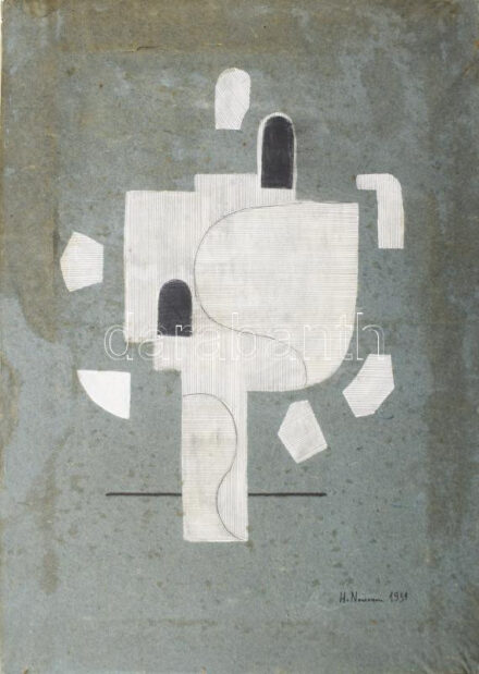 Henri Nouveau (1901-1959): Kompozíció, 1931. Vegyes technika, papír, jelezve jobbra lent: H. Nouveau 1931. André Coll-Rotger francia nyelvű, fényképes tanúsítványával. Kissé foltos. Javított. Kisebb szakadásokkal. Kissé foltos. 43×31 cm