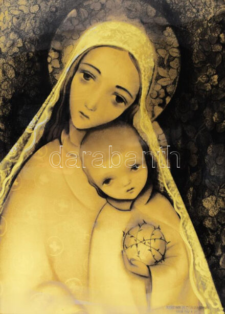 Kákonyi M Konstantina ( Constantina, 1908-1998): Art deco madonna a kisdeddel, 1942. Vegyes technika, papír, jelezve jobbra lent. Dekoratív, üvegezett, kissé sérült fakeretben, 68×50 cm. / mixed technique on paper, signed, framed