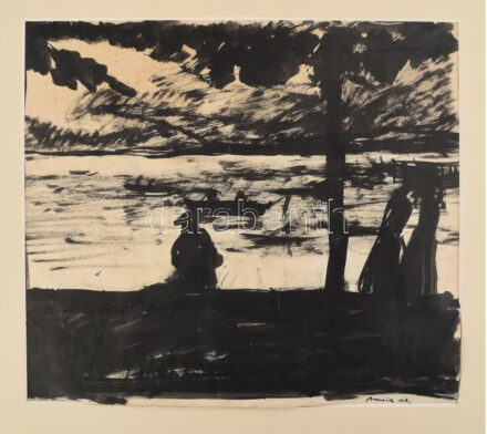Bernáth Aurél (1895-1982): Vízparton (Balaton?), 1918. Tus, papír, jelezve jobbra lent. Hátoldalán Bernáth Aurél bélyegzővel. Paszpartuban. 23x26 cm