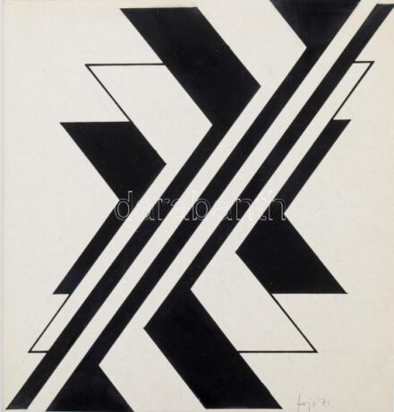 Fajó János (1937-2018): Geometrikus kompozíció, 1971. Tus, papír, jelezve jobbra lent. Üvegezett fakeretben. 21x20 cm / János/Jan Fajó (1937-2018): Geometric composition, 1971. Ink on paper, signed lower right, framed