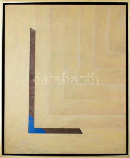 Lengyel András (1952-): Derékszög, 1989. Vegyes technika, applikáció, vászon. Jelzett a hátoldalán. Fakeretben. 100x80 cm. KIZÁRÓLAG SZEMÉLYES ÁTVÉTEL, NEM POSTÁZZUK / ONLY PERSONAL COLLECTION IN OUR OFFICE!
