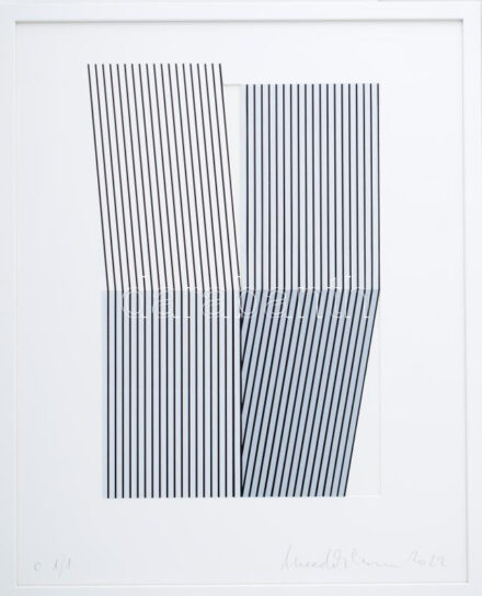 Benedek Barna (1973-): Geometrikus kompozíció (cím nélkül), 2022. Akril, habosított PVC, jelzett. 0 1/1 számozással. Egyedi, gyűjtői darab! 38x24 cm. Üvegezett fakeretben. / Benedek Barna (1973-): Geometric composition, 2022. Acrylic, pvc board, signed. Numbered: 0 1/1. 38x24 cm.