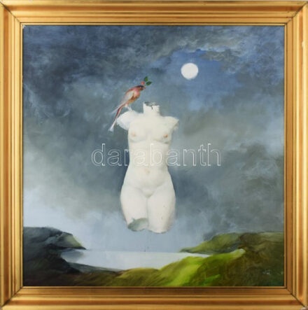 Szász Endre (1926-2003): Antik torzó madárral (négy évszak sorozat). Olaj, farostlemez, jelezve jobbra lent. Dekoratív, kissé sérült fakeretben, 80x80 cm. / oil on fibre board, signed lower right, framed