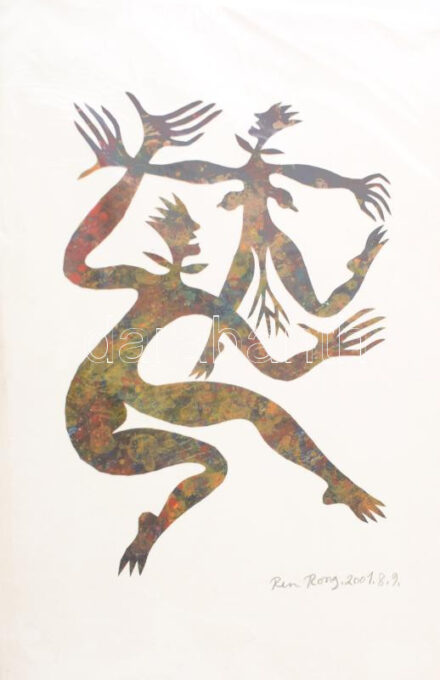Ren Rong (1960-), kínai művész: Táncolók (cím nélkül), 2001. Kollázs, papír. Jelzett. 44x30 cm / Ren Rong (1960-), Chinese artist: Dancers (untitled), 2001. Collage on paper, signed. 44x30 cm