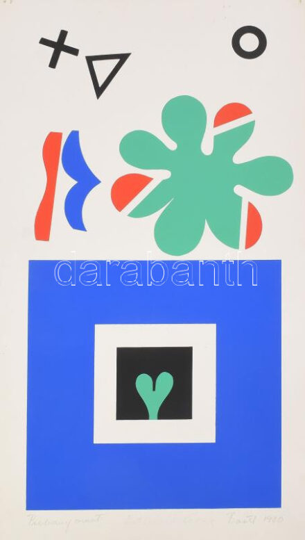 Bartl József (1932-2013): Hétlevelű lóhere, 1980. Szitanyomat, papír. Jelzett. Próbanyomat! 53x27 cm. A szív, kereszt, négyzet, kör és a nem csak a természetben ritkábban előforduló hétlevelű lóhere Bartl József művészetének alapvető motívumai, jelei, jelképei, amelyekből kompozícióit az 1970-es évek végétől egészen az élete végéig építette, ezáltal vált művészete egyedivé, összetéveszthetetlenné. Ezen szitanyomat előképe az 1978-ban festett "Tavasz" c. festménye, maga a grafika a Szentendrei Grafikai Műhely alapításának évében, 1980-ban készült, ezáltal a Szentendrén készült első Bartl szitanyomatok egyike. Sarkaiban rajzszög ütötte apró lyukakkal, máskülönben jó állapotban. / serigraphy on paper, signed, proof