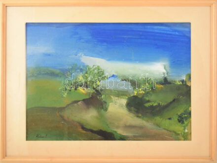 Kokas Ignác (1926-2009): "Út befelé". Gouache, akril, papír. Jelezve balra lent: Kokas I. Hátoldalán bal oldalon Kokas Ignác autográf feliratával és középen ismeretlen ajándékozási soraival. Üvegezett fakeretben. 34x47 cm / gouache and acrylic on paper, signed,