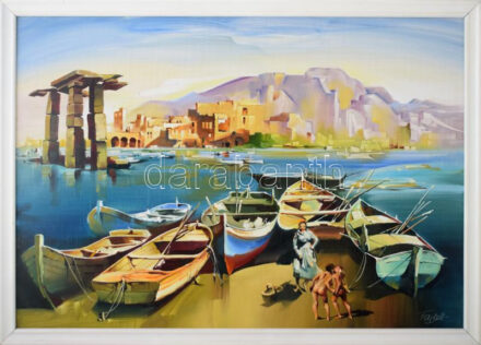 Fassel L'ousa Ferenc (1915-2009): Kikötő. Olaj, farost jelzett, fakeretben, 50×70 cm