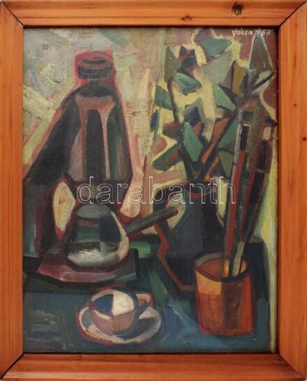 Józsa János (1936-2016): Csendélet festőecsetekkel, 1967. Olaj, farost. Jelezve jobbra fent. Üvegezett fakeretben. 60x48 cm