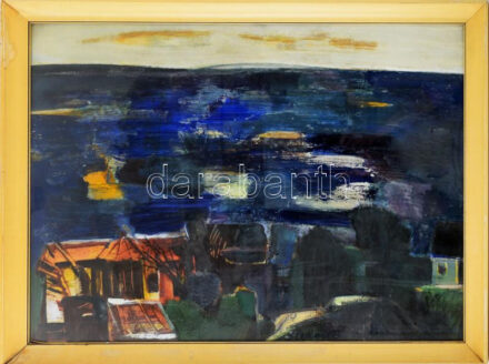 Bér Rudolf (1924-2004): Fenyvespart (Balaton?), 1960 körül. Olaj, farost. Jelezve középen lent. Hátoldalán Képcsarnok Vállalat címkéivel. Üvegezett fakeretben. 60x80 cm