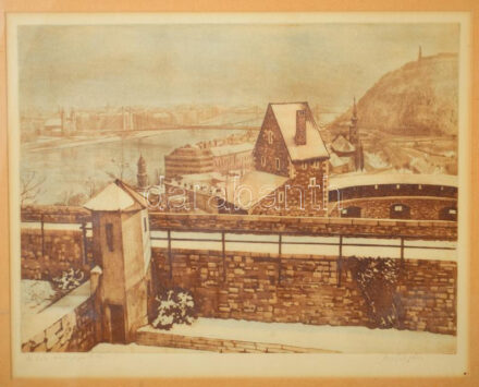 Major János (1934-2008): A Vár bástyája télen. Rézkarc, papír, jelzett. Üvegezett fakeretben, 29,5x39 cm