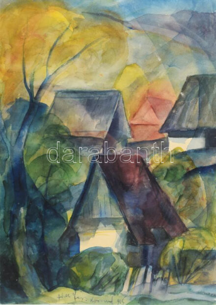 Páll Lajos (1938-2012): Korondi táj (Erdély), 1965. Akvarell, papír, jelezve középen lent. Proveniencia: Ajándék a festőtől. Üvegezett fakeretben. 47x33,5 cm / Lajos Páll (1938-2012): Transylvanian landscape. Watercolour on paper, signed. Provenance: Gift from the artist. Framed. 47x33,5