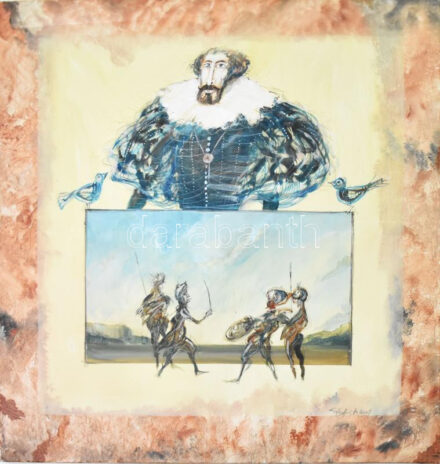 Győrfi András (1964-): Jelenet, 2001. Olaj, vászon, jelezve jobbra lent. 140×130 cm / oil on canvas, signed. KIZÁRÓLAG SZEMÉLYES ÁTVÉTEL, NEM POSTÁZZUK / ONLY PERSONAL COLLECTION IN OUR OFFICE!
