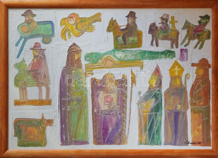 Schéner Mihály (1923-2009): Szent István és a népe, 1999. Olaj, farost, jelezve jobbra lent, hátoldalán Schéner Mihály autográf feliratával, 70×100 cm. KIZÁRÓLAG SZEMÉLYES ÁTVÉTEL, NEM POSTÁZZUK / ONLY PERSONAL COLLECTION IN OUR OFFICE!