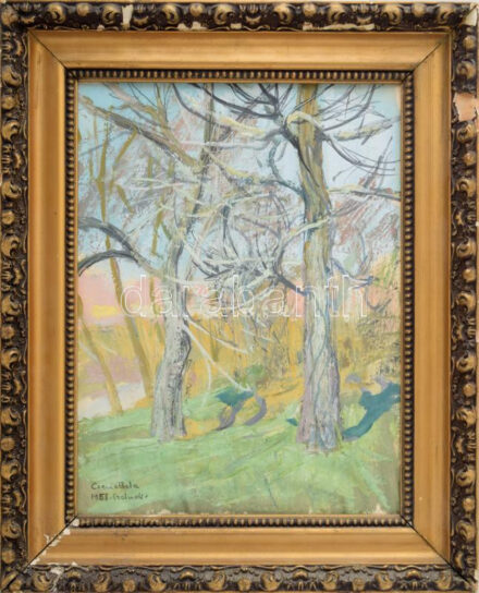 ifj. Czene Béla (1911-1999): Tavasz a Zagyvaparton, 1958. Tempera, papír. jbl.: Czene Béla 1958 Szolnok, hátuloldalán korabeli címkén feliratozott, 37x28 cm. Dekoratív, sérült fakeretben.