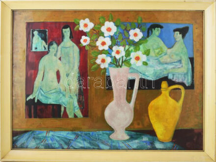 Böhm Lipót, Poldi (1916-1995): Csendélet. Olaj, farost, jelezve jobbra lent. Hátoldalán Képcsarnok Vállalat címkéivel. Üvegezett fakeretben, 60×80 cm