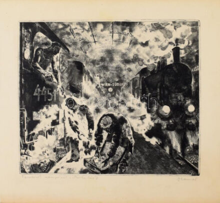 Maurer Dóra (1937- ): Vasutasok csempészik a "Proletár"-t. Rézkarc, papír, jelzett, kartonra kasírozva. 26x30 cm