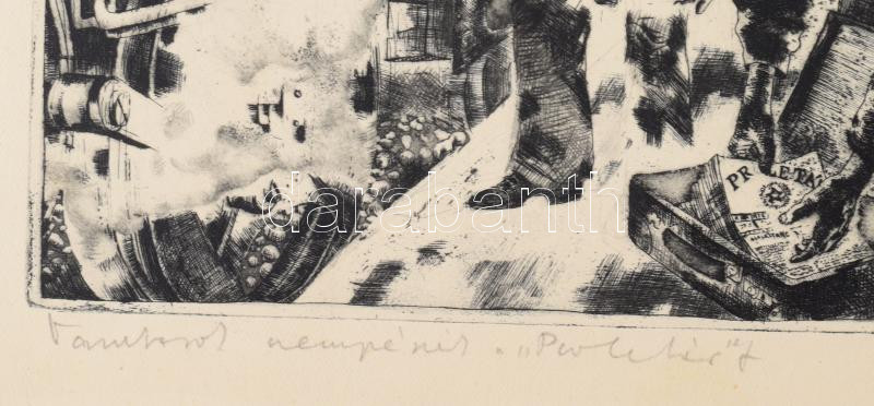 Maurer Dóra (1937- ): Vasutasok csempészik a "Proletár"-t. Rézkarc, papír, jelzett, kartonra kasírozva. 26x30 cm - Image 3